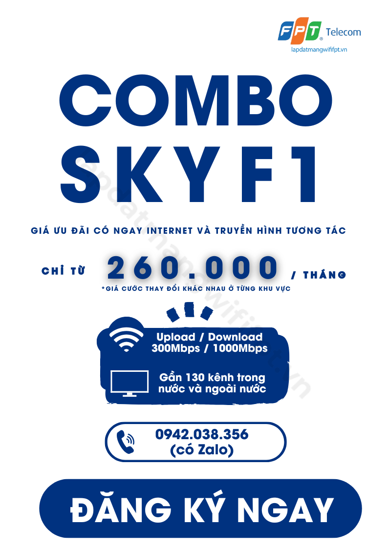 gói cước combo sky f1 bao gồm dịch vụ internet và truyền hình của FPT chỉ từ 260.000 / tháng (giá cước có thể thay đổi từng khu vực)