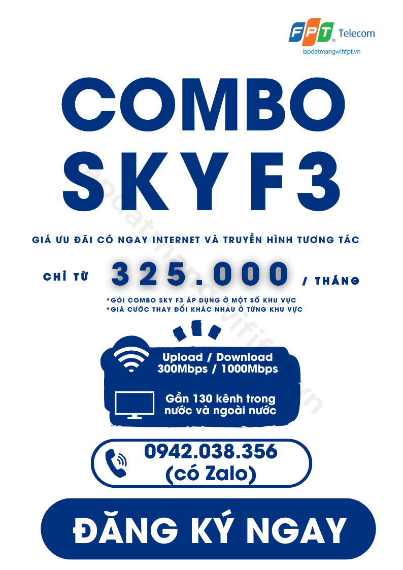 combo sky f3 ưu đãi bao gồm internet và truyền hình FPT Play chỉ từ 325.000 / tháng, áp dụng ở một số khu vực